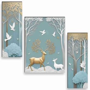 SAF deer Paintings for Wall Decoration - Set Of 3, 3d modern art Painting for Living Room Large Size with Frames for Home, Engineered Wood